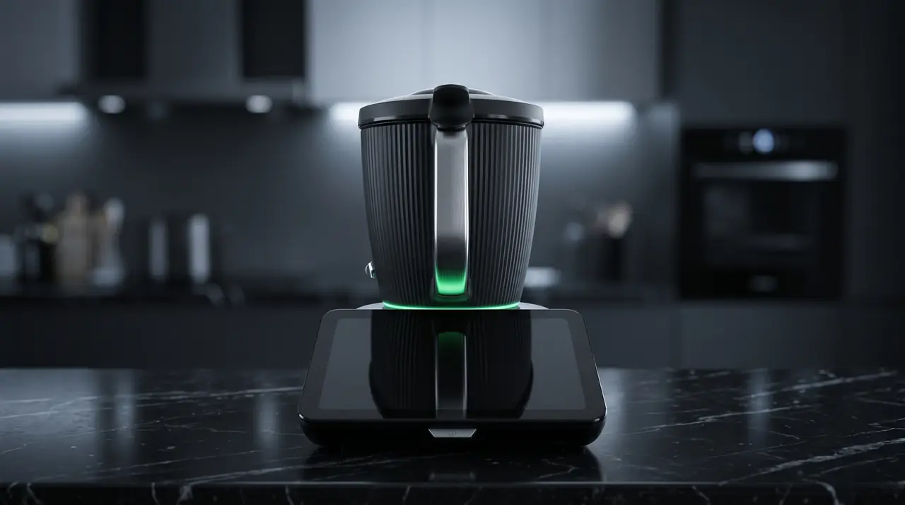 Karanlık bir mutfakta siyah mermer tezgâh üzerinde Thermomix TM7; tabanındaki yeşil ışık mermere yansıyor.